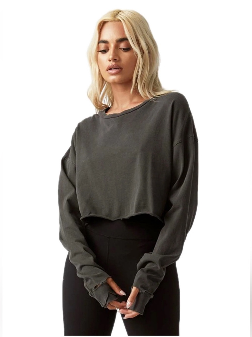 Joah Brown Cropped Washed Crewneck Sweatshirt - Washed Black/Gray 100% Cotton OS
